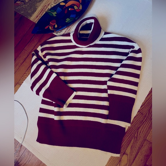 Striped Maroon and White Women’s Sweater - Picture 1 of 5